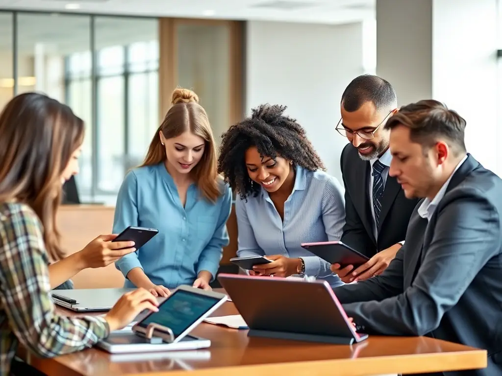 A diverse team of vendor representatives is presenting their services and proposals to a corporate event planner in a modern office setting.