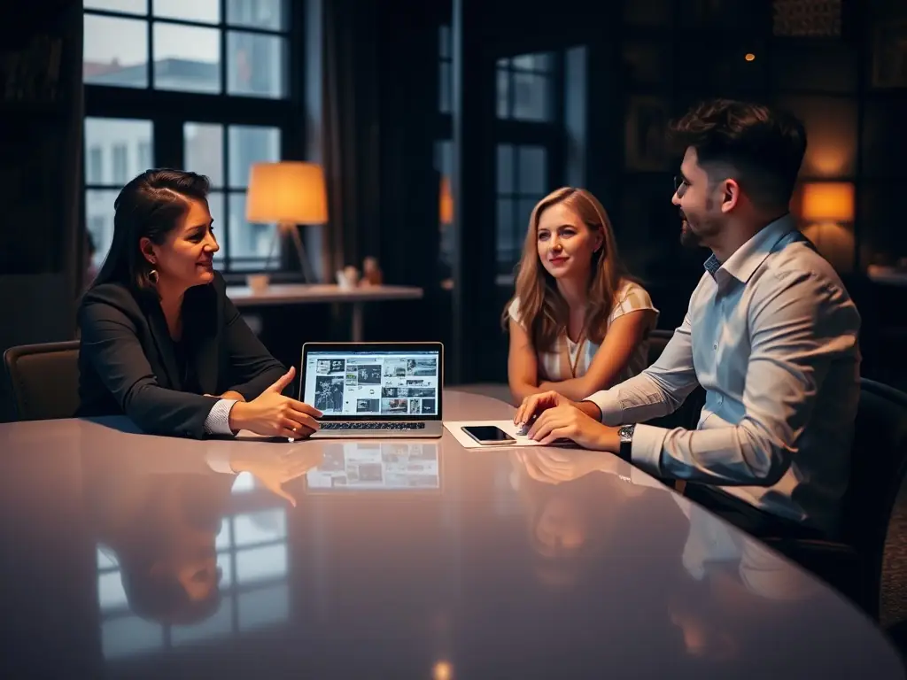 A professional event planner is shown reviewing a contract with a venue representative, highlighting key clauses and discussing terms.